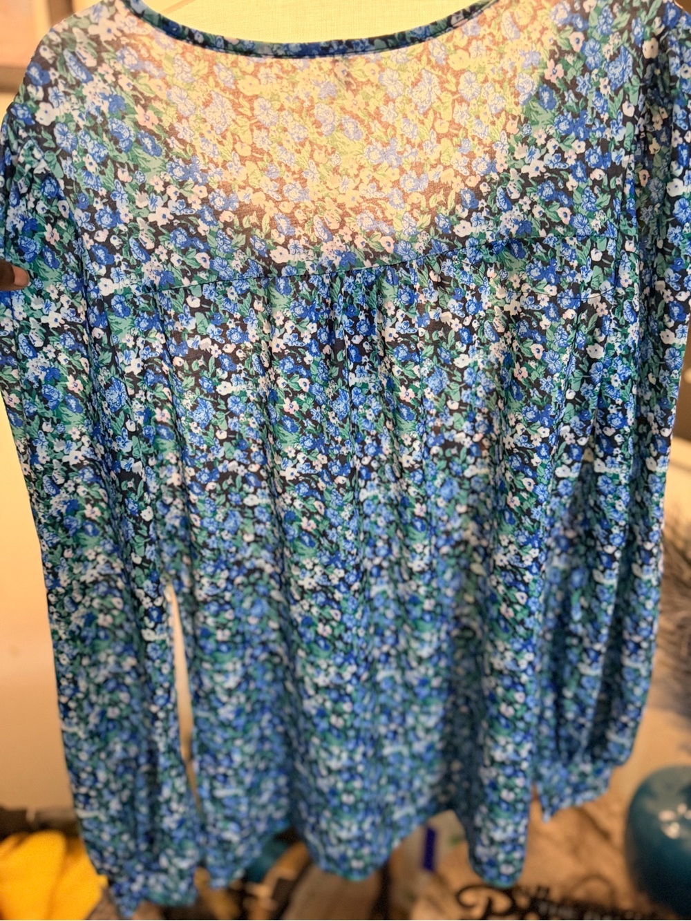 Blue Floral Long-Sleeve Peasant Blouse